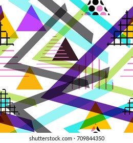 Seamless pattern Geometric elements Memphis Postmodern Retro fashion style 80-90s. texture shapes triangle black blue lilac orange green for site fabric on white background. Vector