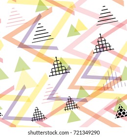 Seamless pattern Geometric elements Memphis Postmodern Retro fashion style 80-90s. texture shapes triangle black lilac pink orange green for site fabric on white background. Vector