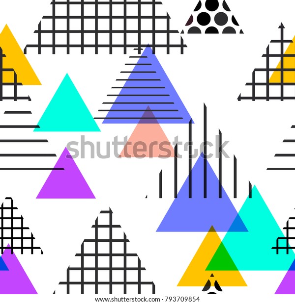 Seamless pattern Geometric elements Memphis Postmodern Retro fashion style 80-90s. texture shapes triangle Yellow black violet orange lilac for site fabric isolated on white background. Vector