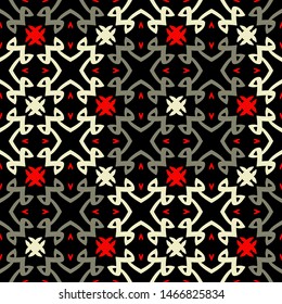 Seamless pattern with geometric elements on a black background.