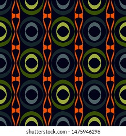 Seamless pattern with geometric elements on a black background.