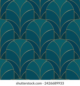 Seamless pattern with geometric elements on blue background. Art deco style. Vector print