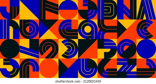 Seamless pattern with geometric elements vector trendy design, colorful typography parts tiling background, abstract composition.
