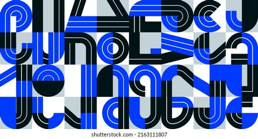 Seamless pattern with geometric elements vector trendy design, blue typography parts tiling background, abstract composition.