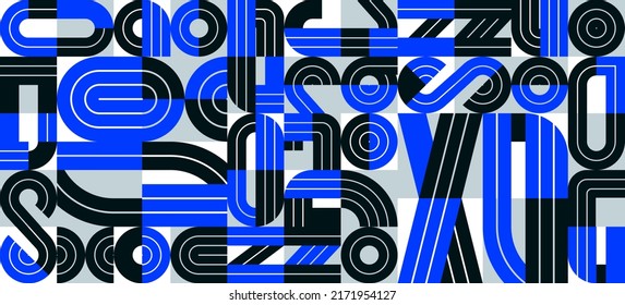 Seamless pattern with geometric elements vector trendy design, blue typography parts tiling background, abstract composition.