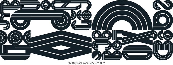 Seamless pattern with geometric elements vector trendy design, black and white typography parts tiling background, abstract composition.