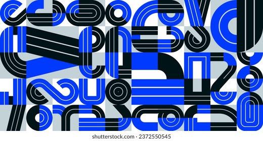 Seamless pattern with geometric elements vector trendy design, blue typography parts tiling background, abstract composition.