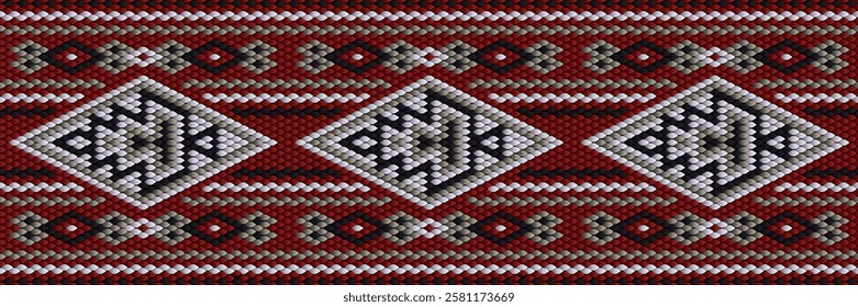 Seamless pattern with a geometric ethnic design in shades of turquoise, black, gray, and white.