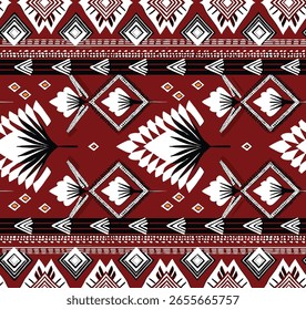 Patrón sin fisuras Diseños étnicos geométricos en rojo, negro y blanco, adecuados para textiles y fondos.