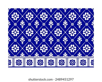 Seamless pattern. Geometric ethnics white flower on blue background. Design for wrapping, textile, floor and background. 