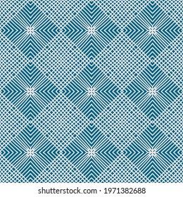 seamless pattern with geometric figures and lines drawn with white and dark blue colors, vector, tile