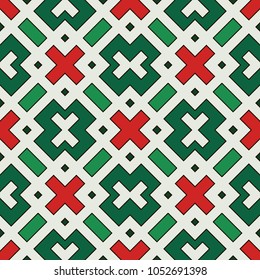 Seamless pattern with geometric figures. Repeated crosses ornamental abstract background. Ethnic and tribal ornamental motif. Digital paper in Christmas traditional colors, textile print. Vector art