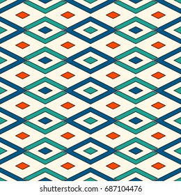 Seamless pattern with geometric figures. Repeated diamond ornamental abstract background. Rhombuses and lines motif. Ethnic style digital paper, textile print, page fill. Vector art