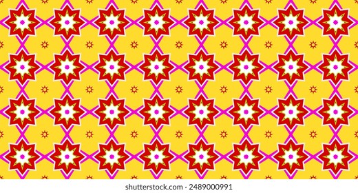 Seamless pattern with geometric and floral designs in pink, featuring vintage ornamental shapes and hearts