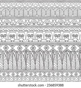 Seamless Pattern Geometric Floral Ethnic Owl Black&White