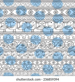 Seamless Pattern Geometric Floral Ethnic Birds Circle Black&White