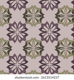 Seamless pattern of geometric floral motifs in Scandinavian style. Vector image in olive, green and purple tones on light pink background, for textiles, wallpaper or graphic design.