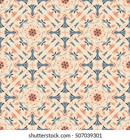 Seamless pattern with geometric and floral ornament  in doodle style. Vector illustration 