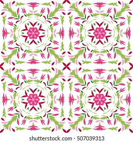 Seamless pattern with geometric and floral ornament  in doodle style. Vector illustration 