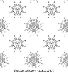Seamless pattern with geometric and floral ornaments on the white background. Vintage pattern in Indian style. Vector illustration ideal for textile, wrapping, decorative paper, scrapbooking.