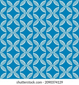 Seamless pattern of geometric flower shaped figures. Round circle vector icons white on blue background. Branding logotype design element for corporate style design