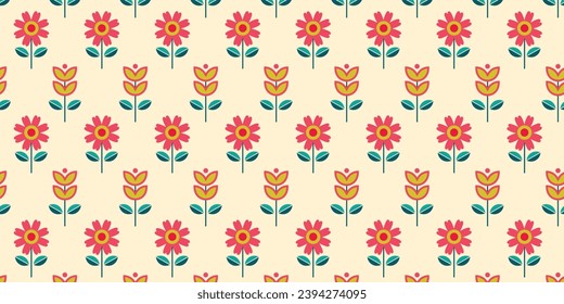 Seamless pattern with geometric flowers in the Bauhaus style. Abstract botanical elements. Abstract geometric forms of flowers, leaves. Vector illustration. Minimal natural flower plant shapes.