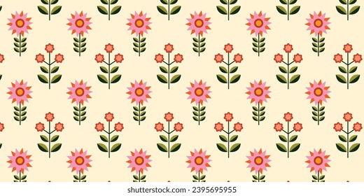 Patrón sin foco con flores geométricas al estilo Bauhaus. Resumen de elementos botánicos. Resumen de formas geométricas de flores, hojas. Ilustración vectorial. Formas mínimas de plantas de flores naturales.