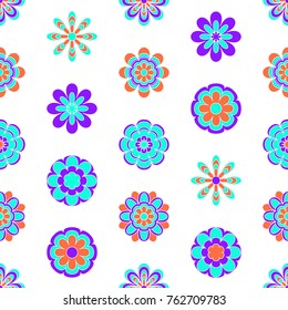 Seamless pattern of geometric flowers in blue, orange and purple flowers on a white background