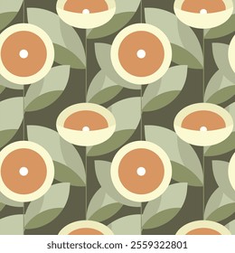 Seamless pattern. Geometric flowers. Botany pattern. Flowers and leaves. Pattern for textile, fabric, clothes and more.