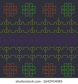 Padrão contínuo geométrico fractal projetos amarelo, roxo, laranja, verde no fundo escuro. pixel art ou bordado digital, envolvente e repetitivo tile.Abstract e modernos fundos intermináveis, têxteis.