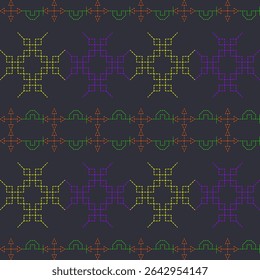 Padrão contínuo geométrico fractal projetos amarelo, roxo, laranja, verde no fundo escuro. pixel art ou bordado digital, envolvente e repetitivo tile.Abstract e modernos fundos intermináveis, têxteis.