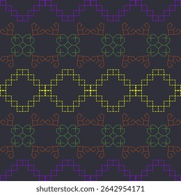 Seamless pattern geometric fractal designs yellow,purple,orange,green on dark background. pixel art or digital embroidery,engaging and repetitive tile.Abstract and modern endless backgrounds,textiles.