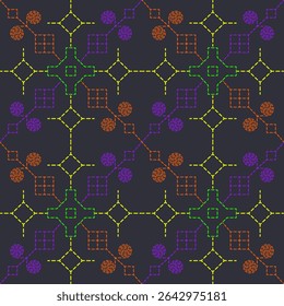 Padrão contínuo geométrico fractal projetos amarelo, roxo, laranja, verde no fundo escuro. pixel art ou bordado digital, envolvente e repetitivo tile.Abstract e modernos fundos intermináveis, têxteis.