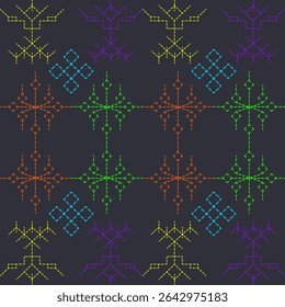 Seamless pattern geometric fractal designs yellow,purple,orange,green on dark background. pixel art or digital embroidery,engaging and repetitive tile.Abstract and modern endless backgrounds,textiles.