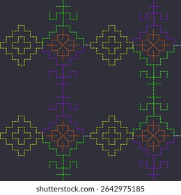 Padrão contínuo geométrico fractal projetos amarelo, roxo, laranja, verde no fundo escuro. pixel art ou bordado digital, envolvente e repetitivo tile.Abstract e modernos fundos intermináveis, têxteis.