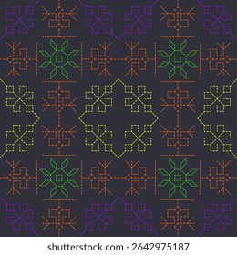 Padrão contínuo geométrico fractal projetos amarelo, roxo, laranja, verde no fundo escuro. pixel art ou bordado digital, envolvente e repetitivo tile.Abstract e modernos fundos intermináveis, têxteis.