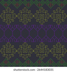Padrão contínuo geométrico fractal projetos amarelo, roxo, laranja, verde no fundo escuro. pixel art ou bordado digital, envolvente e repetitivo tile.Abstract e modernos fundos intermináveis, têxteis.