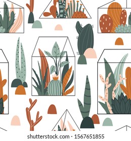 Seamless pattern with geometric glass terrariums with tropical plants, succulents and cactuses. Modern home decor texture with exotic flowers, leaves. Urban jungle. Cute hand drawn flat style vector