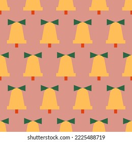 Seamless pattern with geometric gold bells and green ribbons. Christmas vector flat background