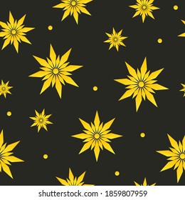 Seamless pattern of geometric gold snowflakes stars different sizes on dark background. Flat style winter holiday and Happy New Year concept. Christmas ornament for textile or wrapping paper