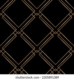 Seamless pattern with geometric golden elements on black. Vector illustration. Fabric print.