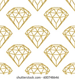 Seamless pattern of geometric golden foil diamonds on white background. Trendy hipster crystals design. Vector illustration.