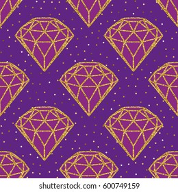 Seamless pattern of geometric golden foil diamonds on purple violet background. Trendy hipster crystals design. Vector illustration.