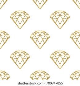Seamless pattern of geometric golden foil diamonds on white background. Trendy hipster crystals design. Vector illustration.