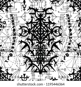 Seamless pattern with geometric gothic symbols, lines and figures on white. Esoteric, occult and wicca concept, Halloween illustration with mystic symbols and sacred geometry