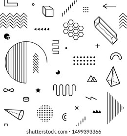 Seamless pattern with geometric graphic elements. Geometrical shapes backdrop for abstract vector background design in trendy simple memphis style. Black and white color.