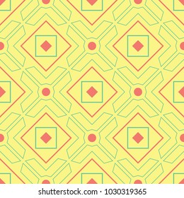 Seamless pattern with geometric green and pink elements. Yellow multi colored background for wallpapers, textile and fabrics