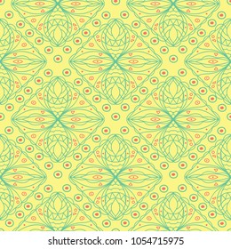 Seamless pattern with geometric green and pink elements. Yellow multi colored background for wallpapers, textile and fabrics