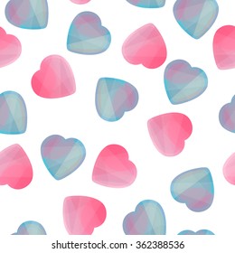 Seamless pattern of geometric hearts icons in low poly style. Abstract shapes for business visual identity - triangle, polygons and rectangular designs. Vector illustrations for Valentine's Day.