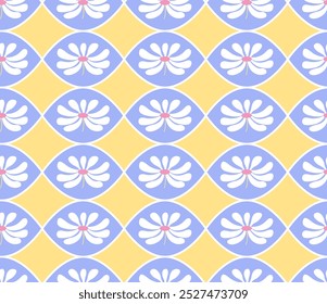 Seamless pattern with geometric hippie flowers. Floral vector flat background in retro groovy style. Geometric botanical ornament with chamomiles